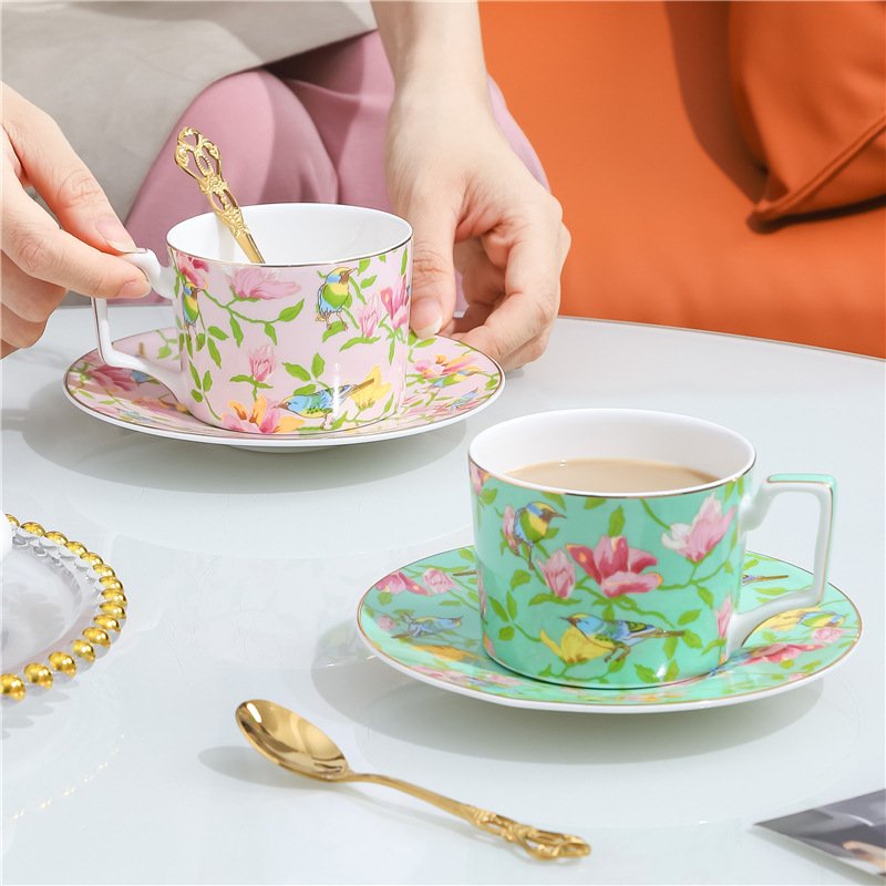 Chinoiserie Pastoral Floral Bone China Teacup & Saucer Set - Image 4
