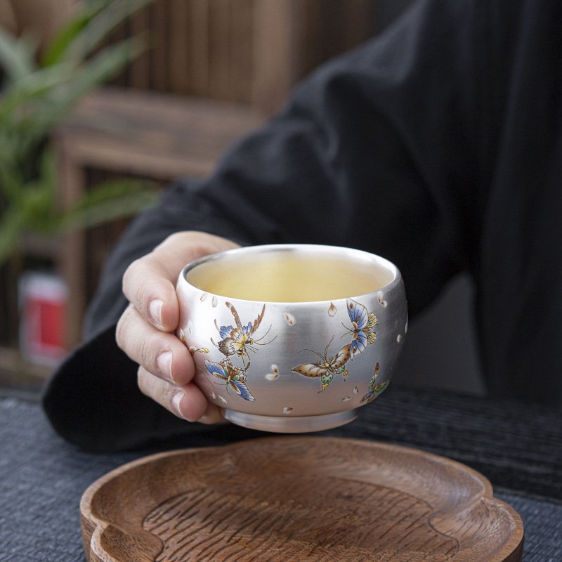 Imperial Silver-Glazed Butterfly Ceramic Tasting Cup - Image 5