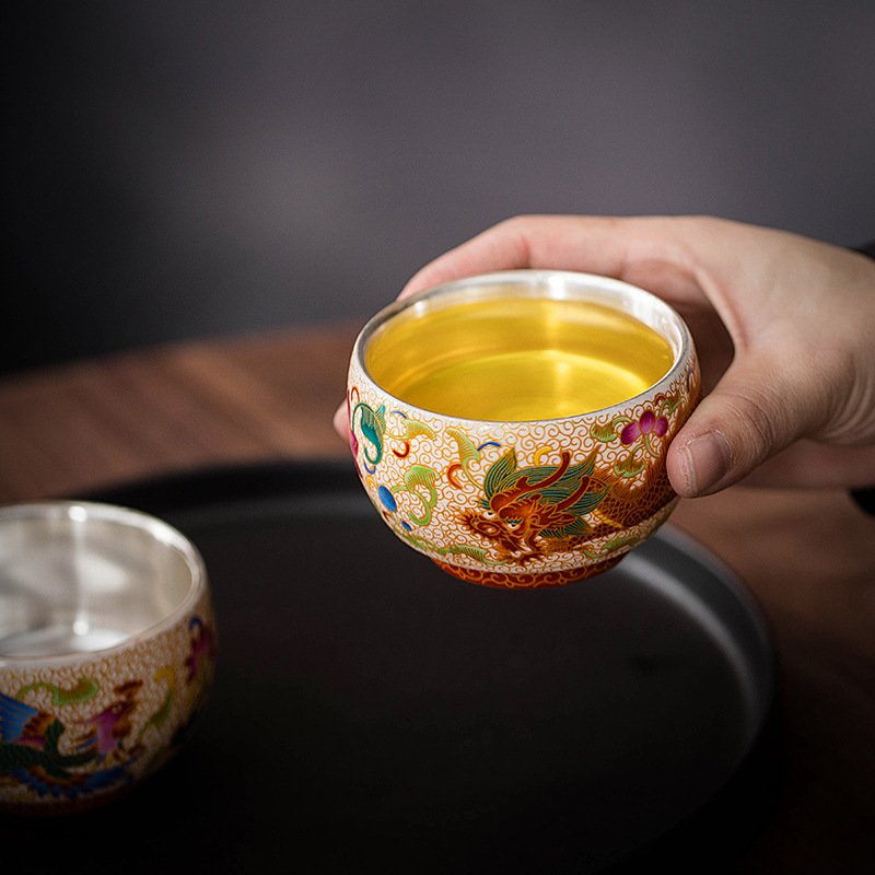 Imperial Dragon & Phoenix Sterling Silver-Lined Enamel Tea Cup Set – Luxury Kung Fu Master Tasting Bowls - Image 5