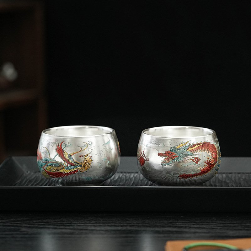 Premium Pure Silver Dragon & Phoenix Teacup Set | Luxury Presentation Box - Image 5