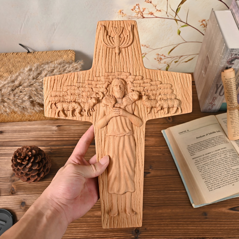 Good Shepherd Jesus Faux Wood Carved Cross Christian Altar Religious Decor Gift - Image 4