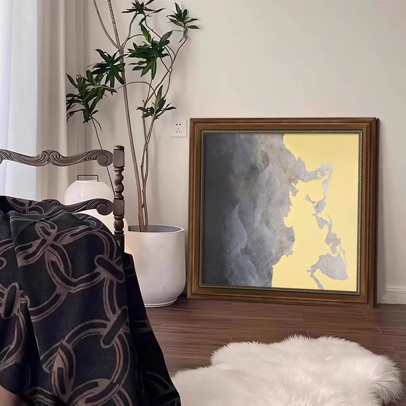 100% Hand-Painted Liquid Gold Ink Mixed Media Abstract Canvas Wall Art Walnut Framed - Image 4