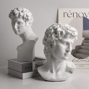 Two white resin Michelangelo David head bust statues sitting on a stack of decorative display books next to abstract art wall prints