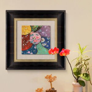 Square framed oriental floral decorative painting, colorful segmented floral pattern artwork with black and gold double-layer picture frame