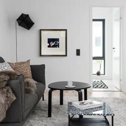 Modern minimalist monochrome living room interior, dark grey sofa, black coffee tables, abstract framed wall art, geometric wall lamp, light grey fluffy rug