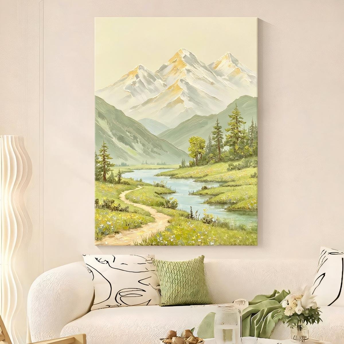 "High Mountains and Flowing Water" Wall Art – Cream-Style Hand-Painted Oil Painting with Gold Mountain Texture; Direct-from-Factory Art for Living Rooms, Entryways, and Hallways. - Image 5