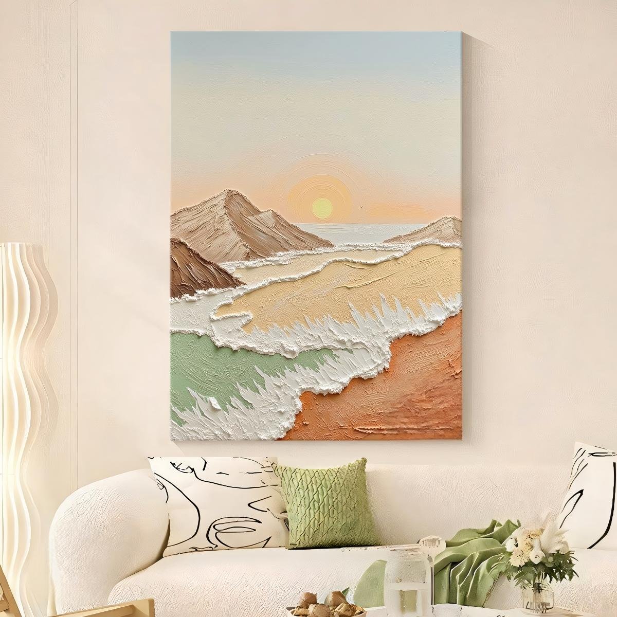 Seaside Sunrise Living Room Wall Art – Cream-Style Abstract Textured Oil Painting (Hand-Painted) – Factory-Direct Landscape Wall Decor - Image 5