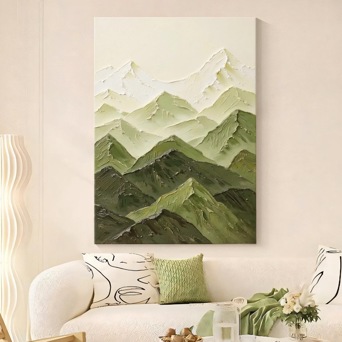 "Cream-style" 3D abstract living room art featuring green mountain peaks; direct-from-factory textured hand-painted oil painting suitable for entryways. - Image 5