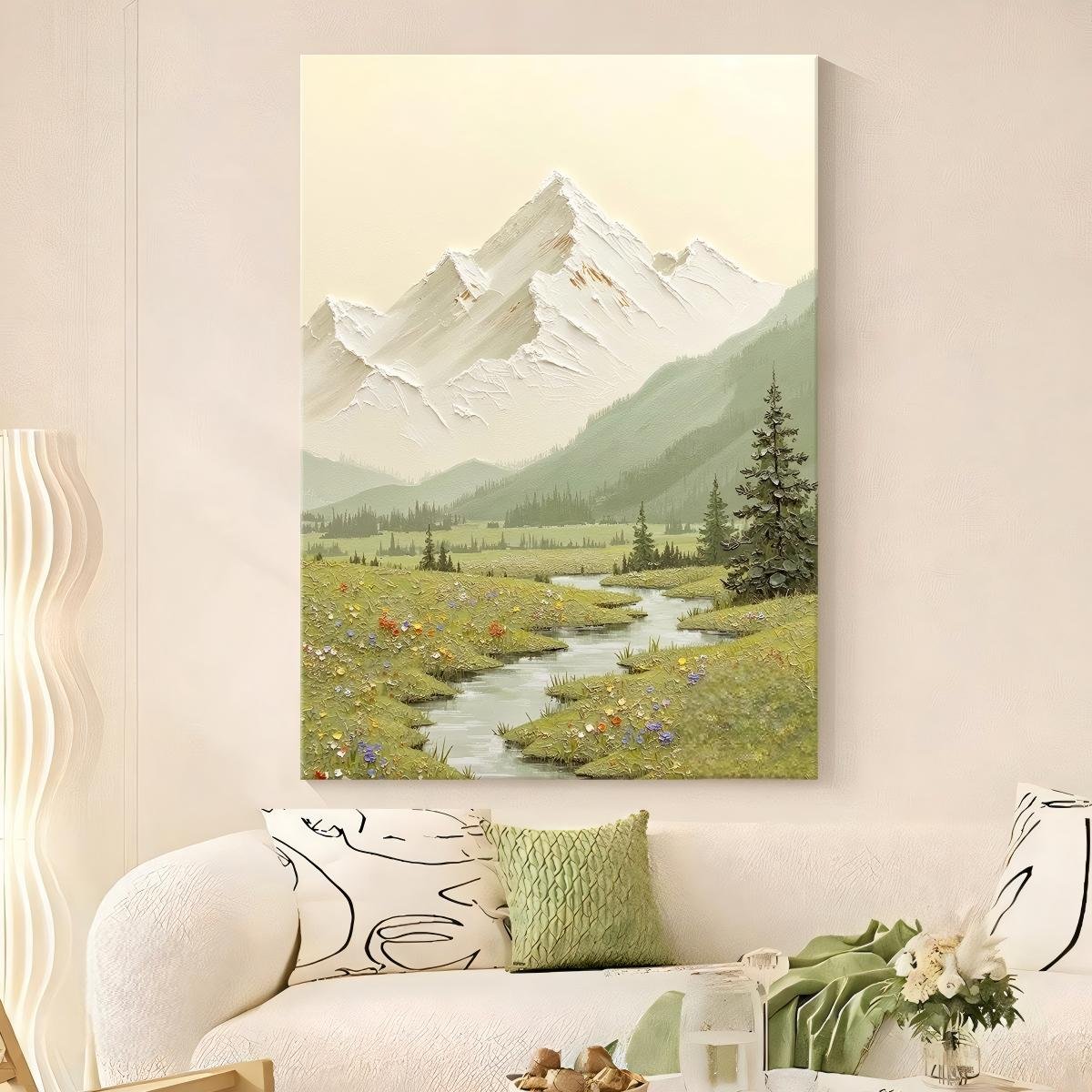 "Golden Mountain at Sunrise" hand-painted oil painting with textured finish; direct-from-factory; "Cream-style" decor suitable for entryways, living rooms, and hallways. - Image 5