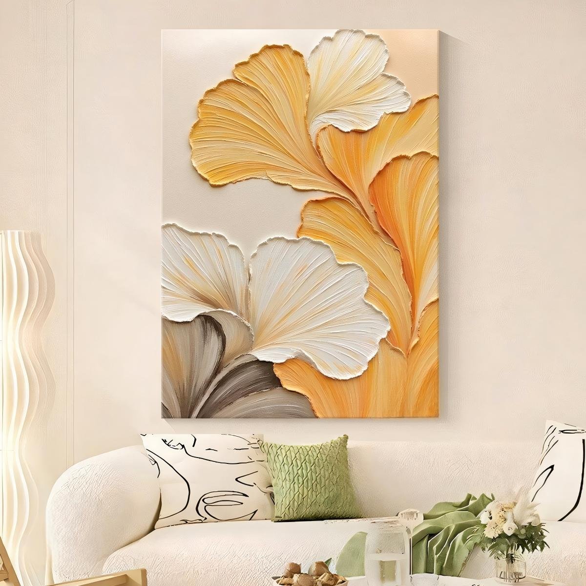 100% Handmade Heavy Palette Knife 3D Embossed Warm Golden Ginkgo Leaf Oil Painting, Vertical Luxury Warm Yellow Gradient Ginkgo Wall Decor For Entryway & Living Room Symbolizing Wealth - Image 5