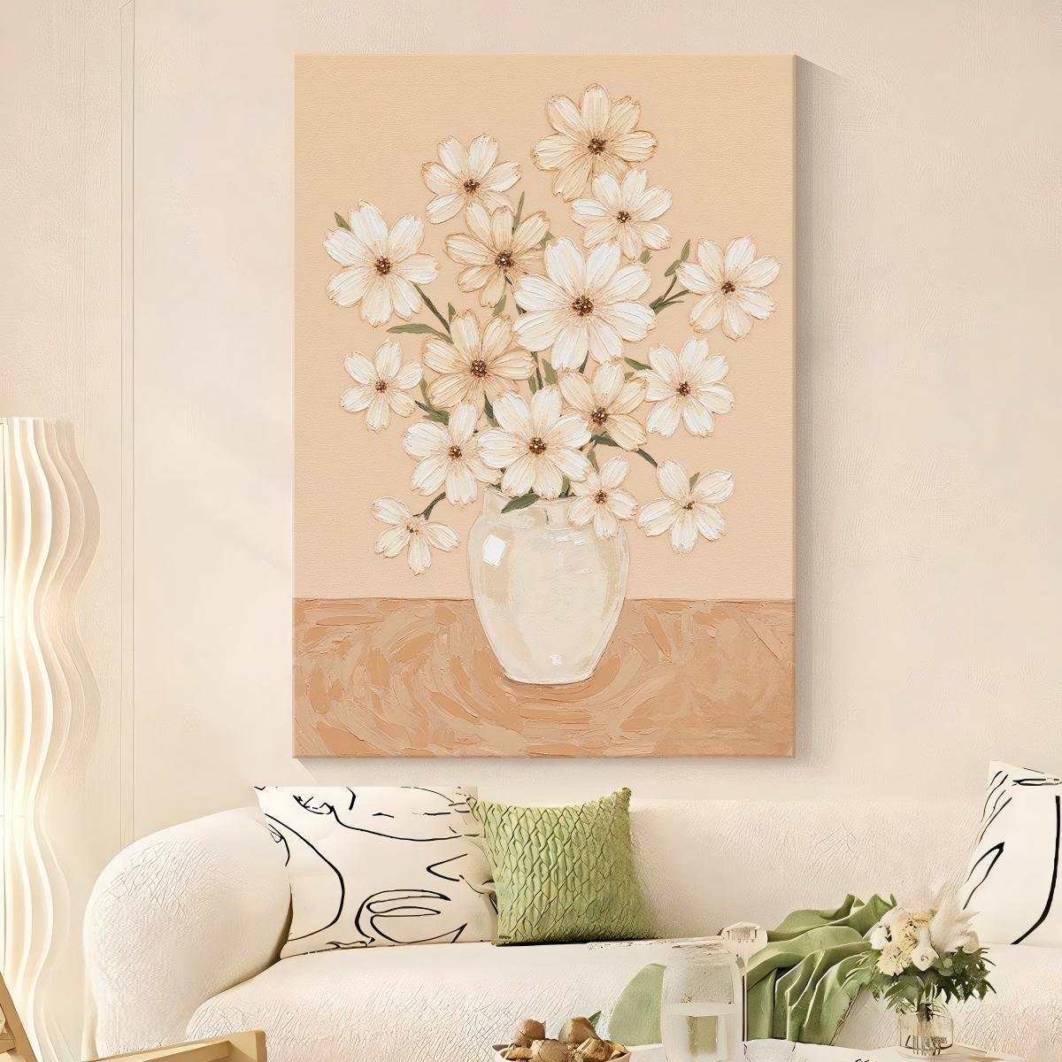 100% Handmade Heavy Palette Knife 3D Embossed Cream White Daisy Vase Floral Oil Painting, Vertical Elegant White Flower Healing Wall Decor For Bedroom Entryway With Warm Apricot Background - Image 5
