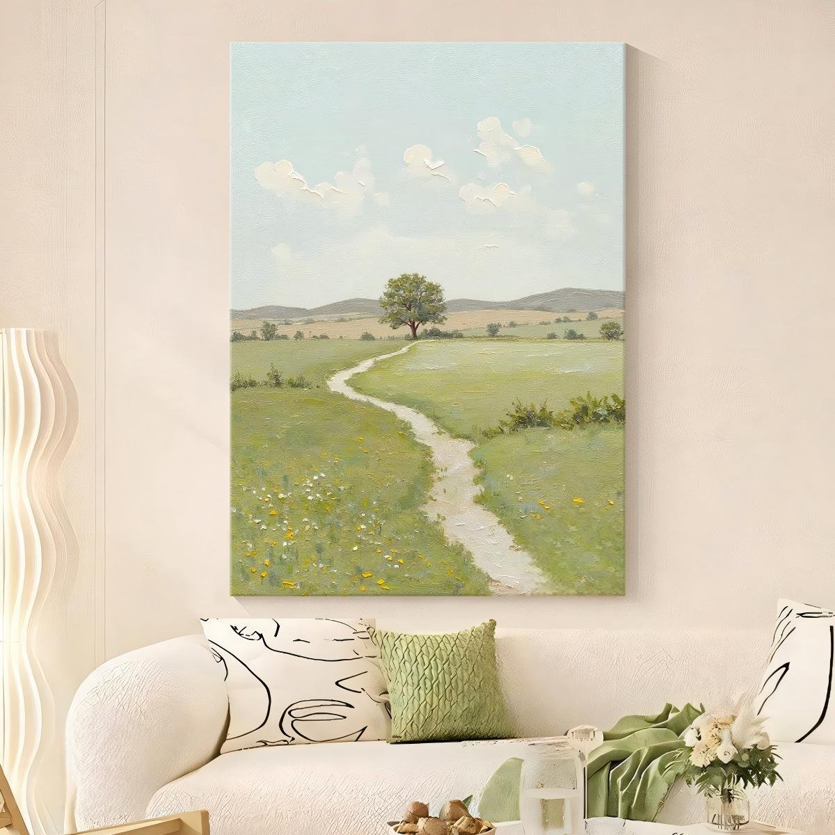 100% Handmade Heavy Palette Knife 3D Texture Lone Tree Country Path Wilderness Oil Painting, Vertical Healing Wall Decor With Pale Blue Sky Wildflower Meadow For Entryway & Living Room - Image 5