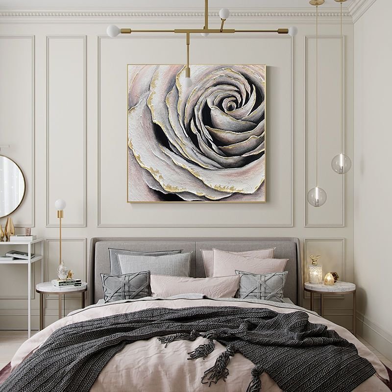 Golden Edge Blossom: 100% Hand-Painted Macro Rose Textured Canvas Wall Art - Image 4