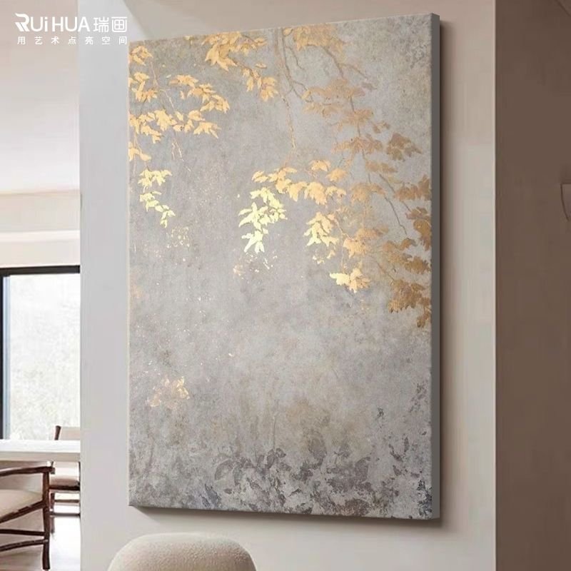 Whispering Canopy: Hand-Painted Gold Leaf Autumn Branch Abstract Canvas Wall Art - Image 4