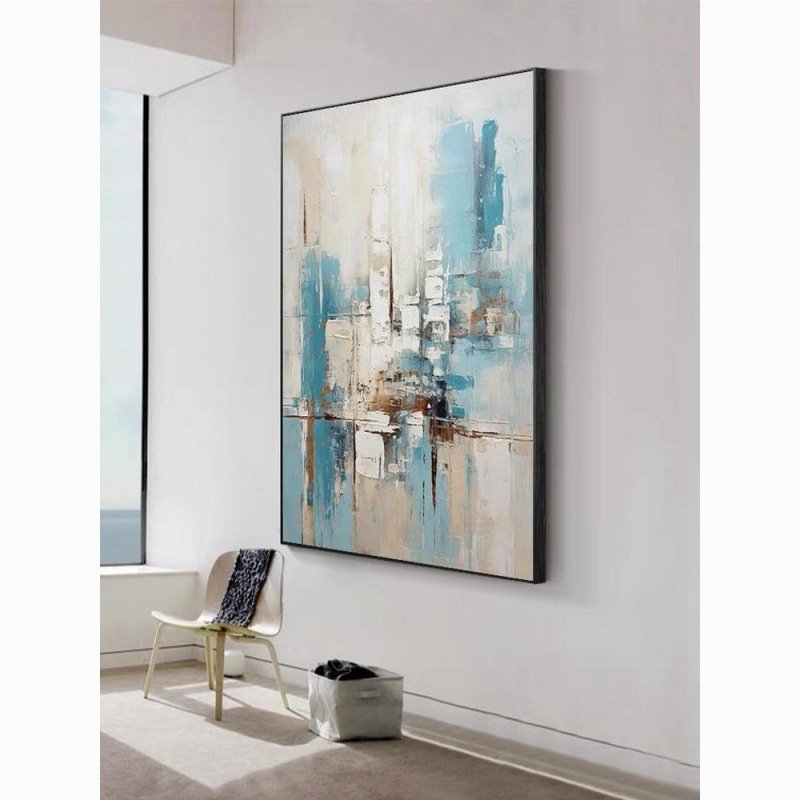 Azure Essence: 100% Hand-Painted Urban Abstract Heavy Impasto Canvas Art - Image 3
