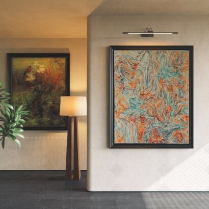 Square textured expressionist abstract painting, orange and turquoise swirling impasto art framed on warm interior wall