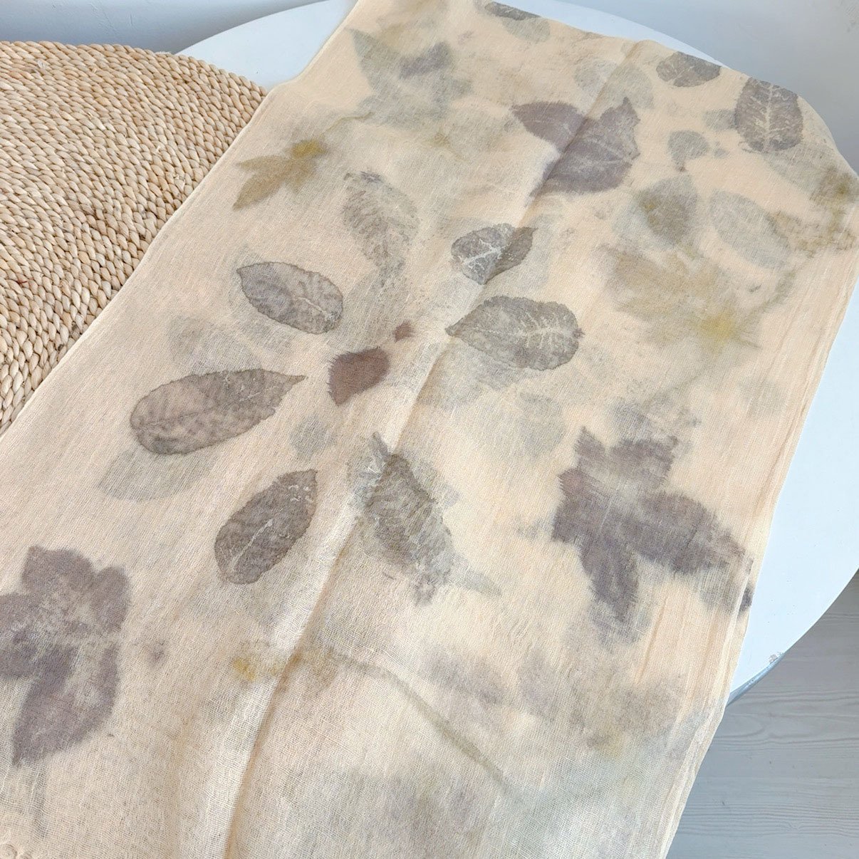 Botanical Whisper: 100% Eco-Printed Artisan Linen-Silk Fringed Scarf - Image 4