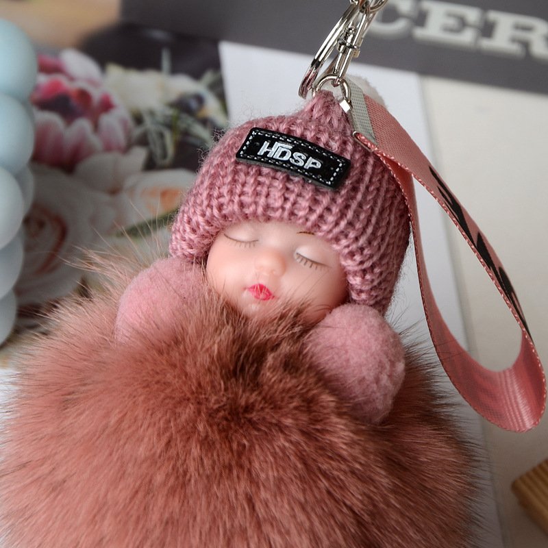 Sleeping Baby Pom-pom Keychain With Knit Hat, Healing Faux Fox Fur Plush Charm, Girly Bag & Car Pendant, Gift For Best Friends - Image 5