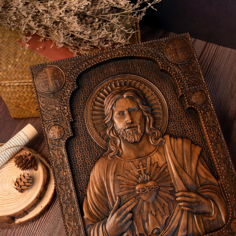 Handcrafted Sacred Heart of Jesus Wooden Relief Icon Plaque - Byzantine Catholic Wall Art - Image 4