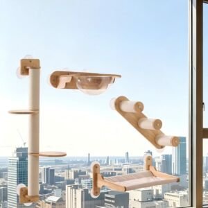 A modular wooden cat playground set mounted onto a large window with heavy-duty suction cups overlooking a city skyline, featuring a vertical sisal scratching post with perches, a clear acrylic capsule bowl ledge, a three-step climbing ladder, and a fabric window hammock bed.