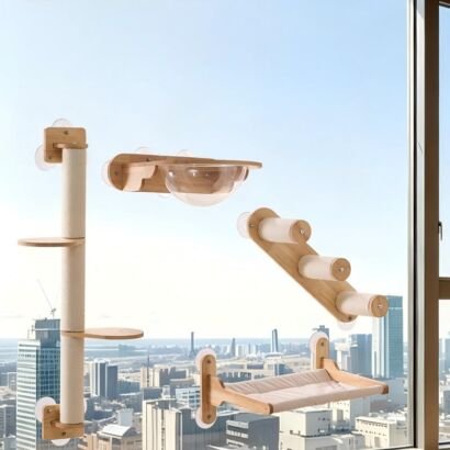 A modular wooden cat playground set mounted onto a large window with heavy-duty suction cups overlooking a city skyline, featuring a vertical sisal scratching post with perches, a clear acrylic capsule bowl ledge, a three-step climbing ladder, and a fabric window hammock bed.