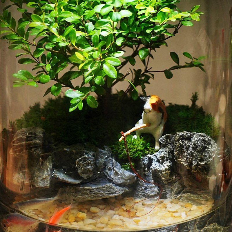 Fishing Cat & Old Fisherman Themed Moss Micro Landscape Terrarium - Image 3