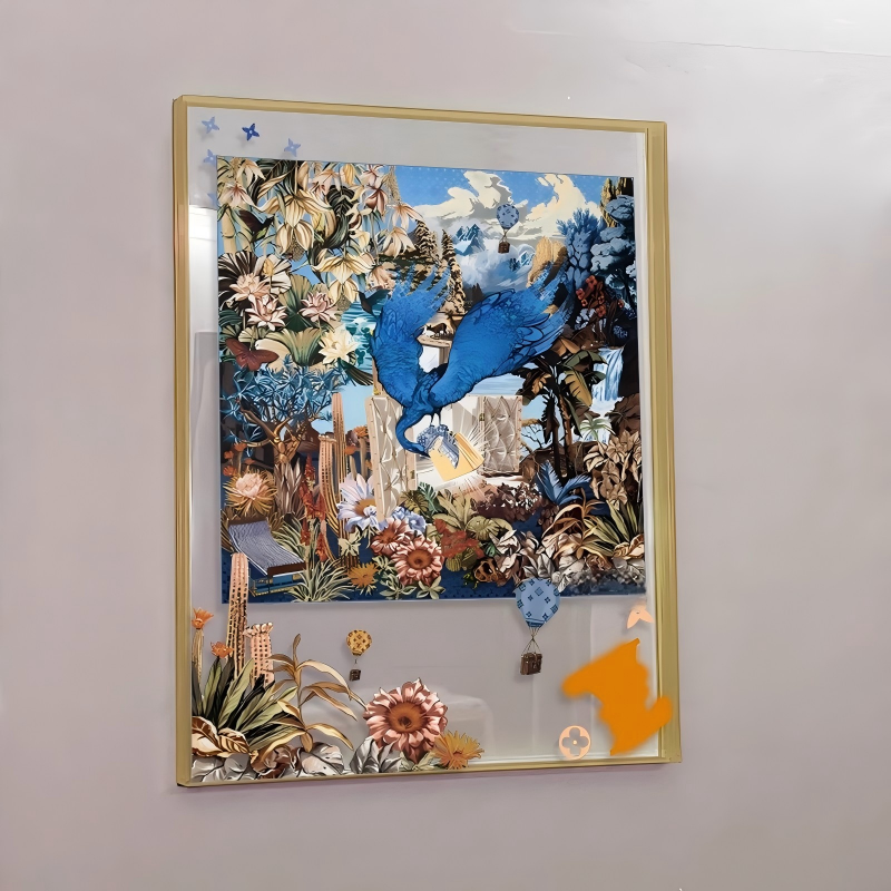 Surreal Botanical Silk Scarf Framed Wall Art, 3D Acrylic Shadow Box Luxury Wall Decor - Image 4