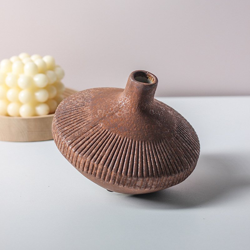 Primitive Fluted Rust Ceramic Bud Vase | Wabi-Sabi Squat Terracotta Stoneware Vessel - Image 5