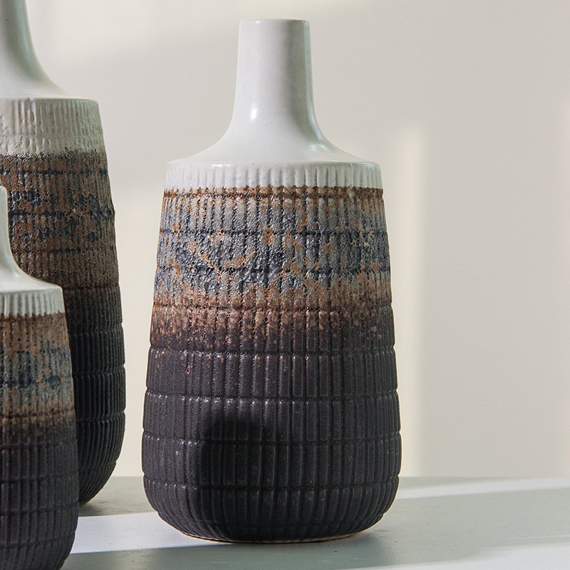 Tri-Tone Reactive Glaze Ribbed Ceramic Vase Set - Image 5