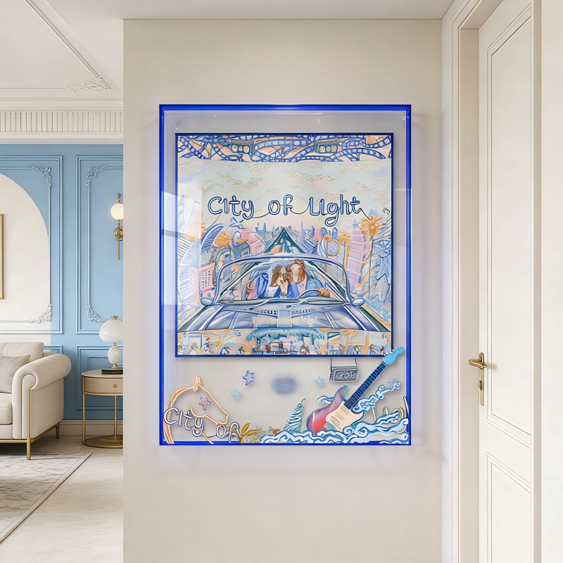 City of Light Retro Pop Silk Scarf Wall Art, 3D Acrylic Shadow Box Rock & Roll Decor - Image 4