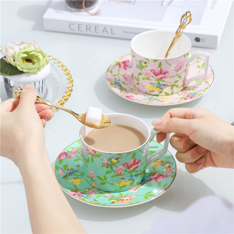 Chinoiserie Pastoral Floral Bone China Teacup & Saucer Set - Image 5