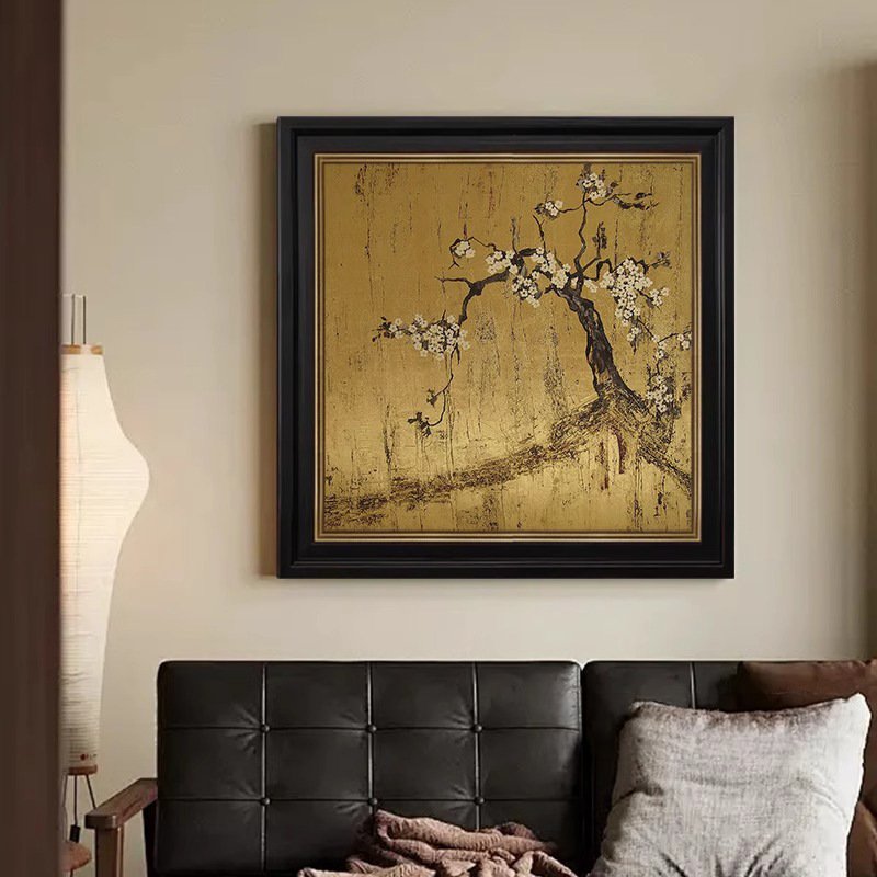 Hand Painted Gold Leaf Plum Blossom Chinoiserie Wall Art - Image 4
