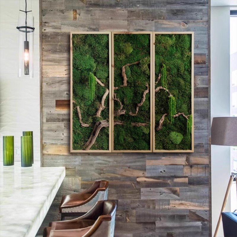 Preserved Moss Driftwood 3-Piece Triptych Biophilic Wall Art Wood Frame Spa Lounge Decor - Image 4