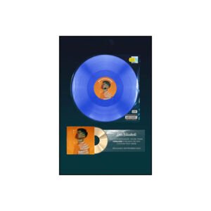 Framed music album display featuring a blue vinyl record, album cover artwork, a gold CD, and a custom commemorative text plaque set against a dark background