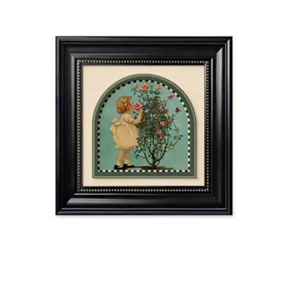 Framed vintage-style artwork featuring a young girl in a yellow dress smelling a blooming rose bush within an arched green window frame motif
