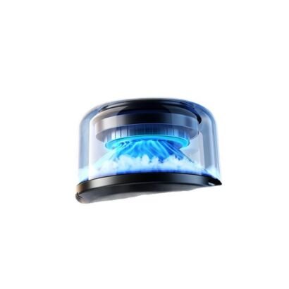 A isolated product rendering of a compact cylindrical air humidifier featuring a dark base, a transparent outer dome, and a illuminated blue LED central core dispersing a cool mist cloud.
