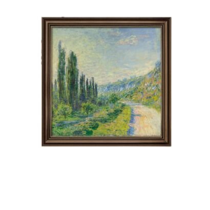 Framed impressionist oil painting reproduction depicting tall cypress trees, a country dirt road, rolling hills, and a soft blue sky