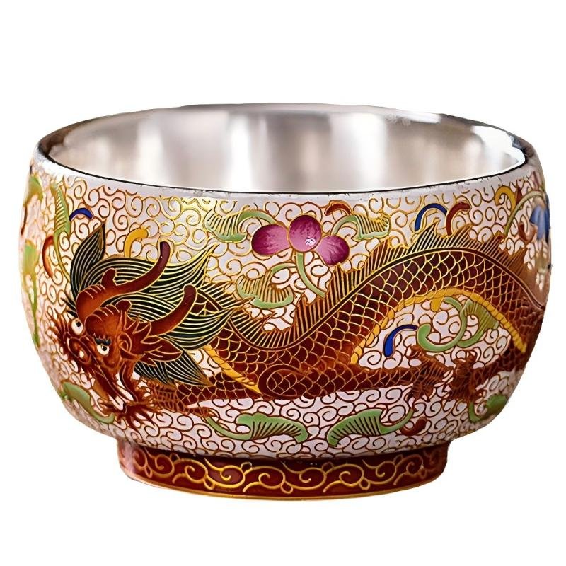 Imperial Dragon & Phoenix Sterling Silver-Lined Enamel Tea Cup Set – Luxury Kung Fu Master Tasting Bowls - Image 6