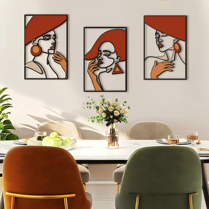 Minimalist Terracotta and Metal Wire Portrait Silhouette Wall Art Triptych Set - Image 3