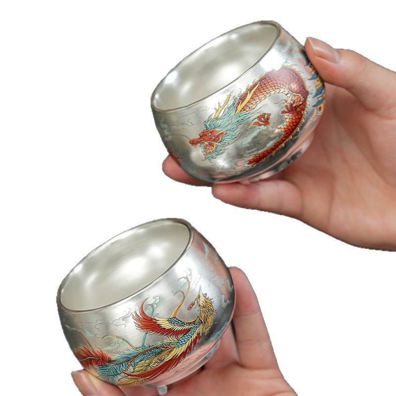 Premium Pure Silver Dragon & Phoenix Teacup Set | Luxury Presentation Box - Image 6