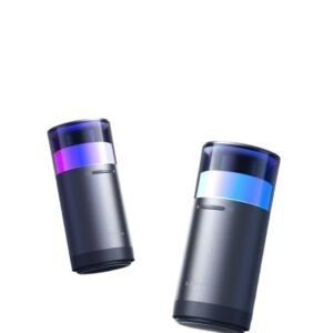 Two sleek dark metallic grey cylindrical portable air purifiers featuring gradient RGB LED ambient light rings around their translucent top caps, floating against a clean white background.