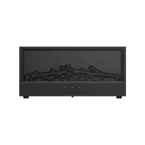 A sleek black rectangular table aroma diffuser featuring a simulated log fireplace window with front control buttons.