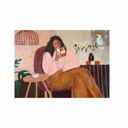 Illustration of a woman in a pink sweater lounge chair reading a book next to potted plants and a white cockatoo