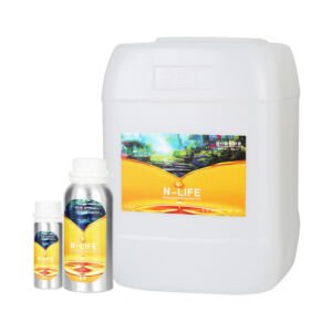 A large white plastic Jerry can container displayed alongside two smaller aluminum essential oil bottles with golden brand labels.