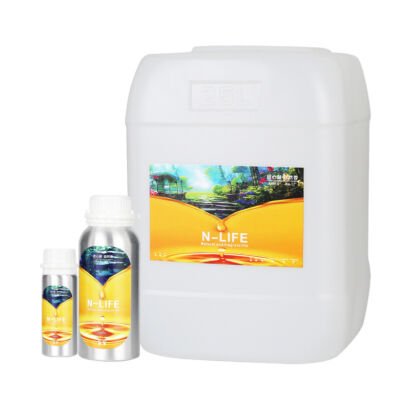 A large white plastic Jerry can container displayed alongside two smaller aluminum essential oil bottles with golden brand labels.