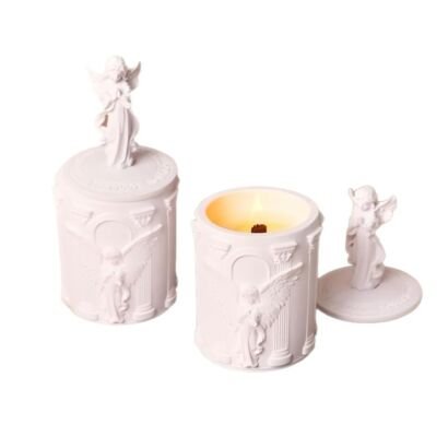 White Embossed Angel Sculpture Ceramic Scented Candle Jar with Angel Lid, European Vintage Aroma Candle Container
