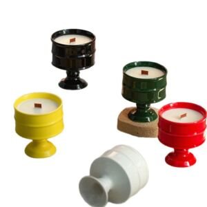 Retro Pedestal Ceramic Scented Candle Cup, Multi-color Glossy Goblet Vessel with Wood Wick Candle