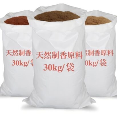 White woven bags of natural incense raw powder, marked 30kg per bag, multiple color herbal incense powder bulk supply
