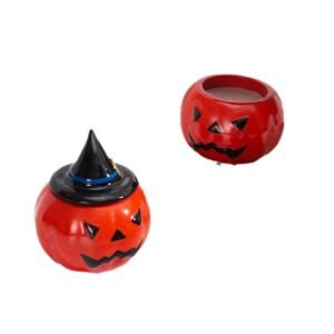 Glossy Red Ceramic Jack-o'-lantern Candle Jar with Removable Witch Hat Lid, Halloween Pumpkin Storage Container