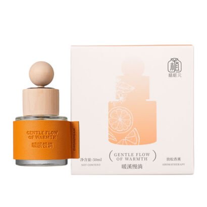 Wood Cap Reed Diffuser "Gentle Flow of Warmth", Clear Glass Bottle with Orange Label and Matching Kraft Gift Box